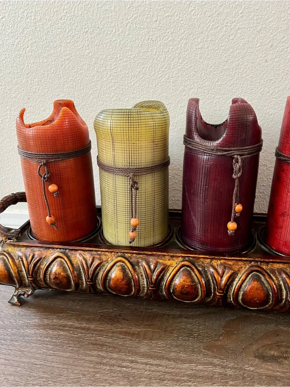 Decorative Multicolor Pillar Candle Set with Ornate Tray